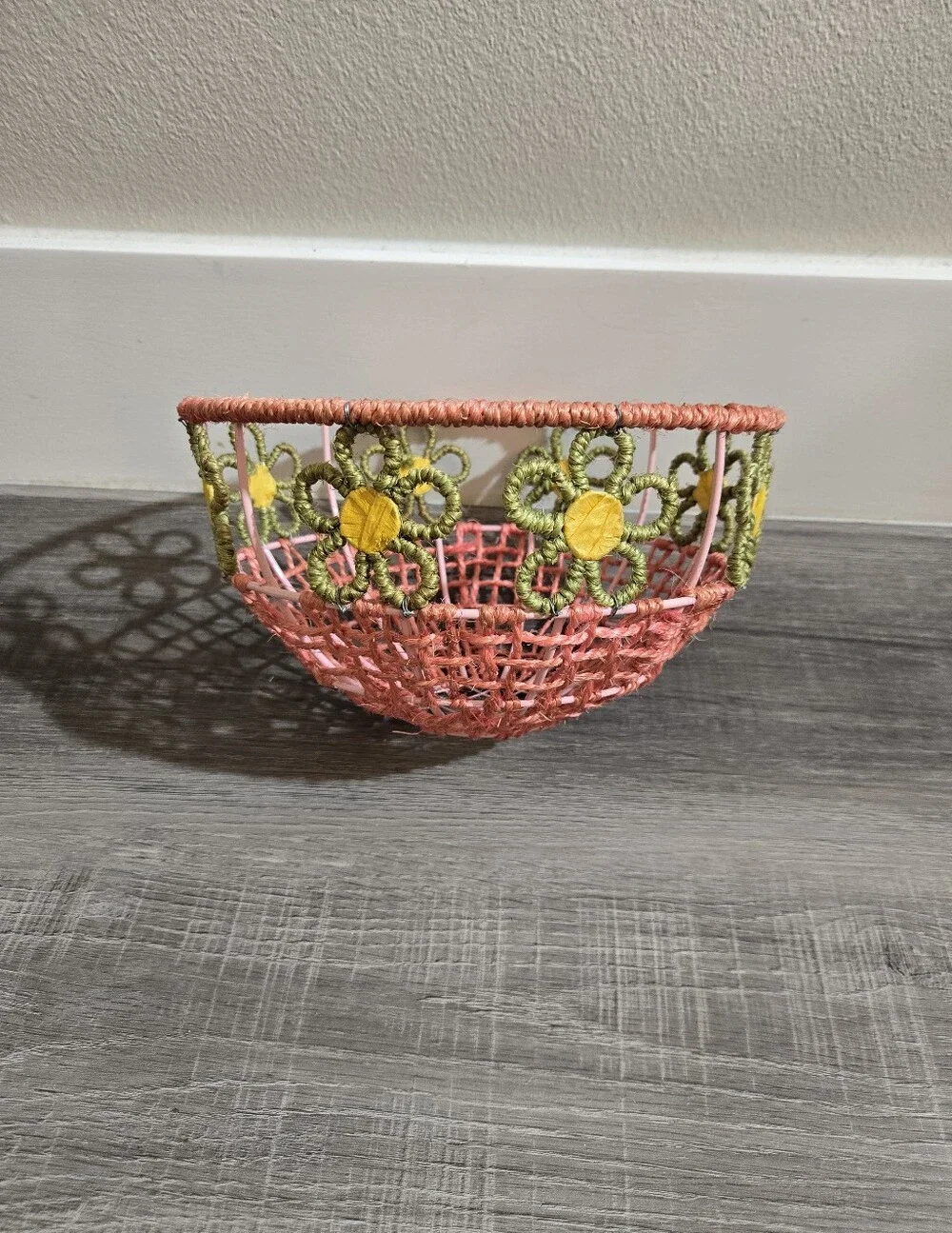 Handwoven Coral and Green Floral Accent Bowl